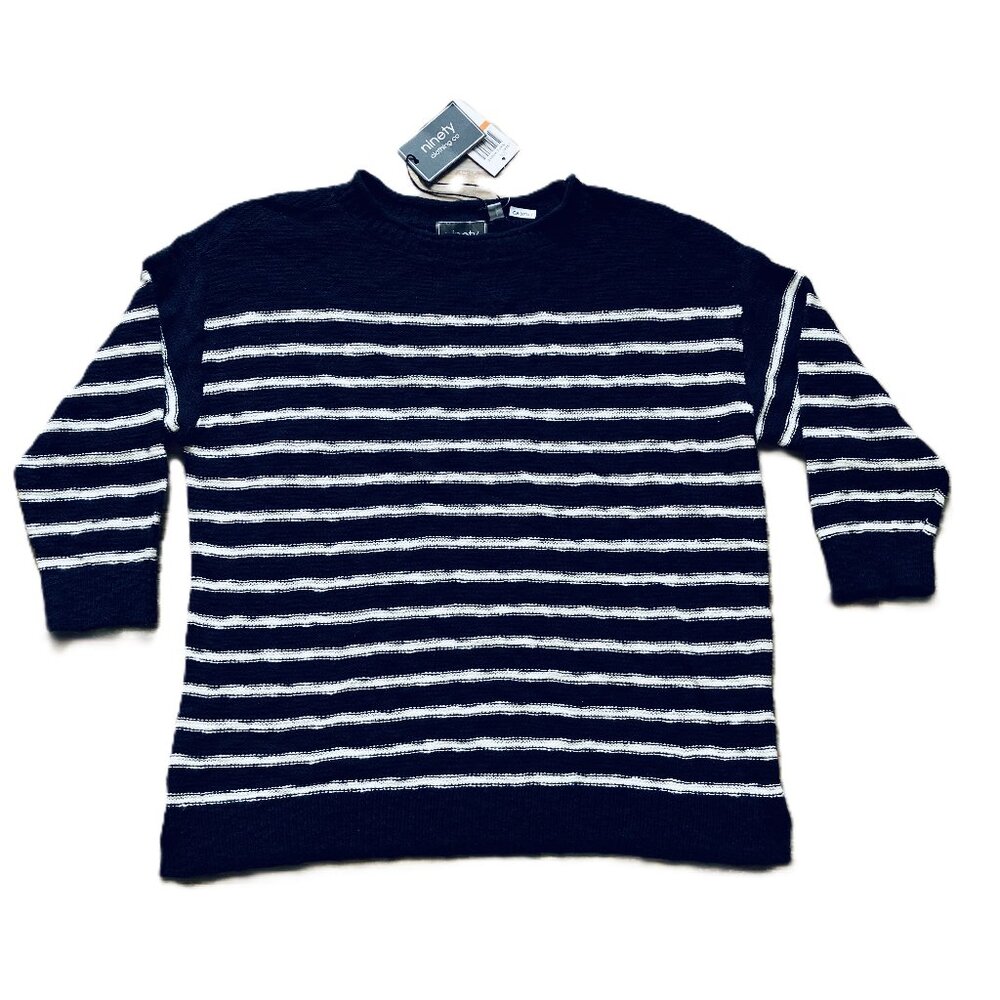 Ninety Clothing Co Lightweight Cotton Knit Sweater Navy Blue White Stripes Small